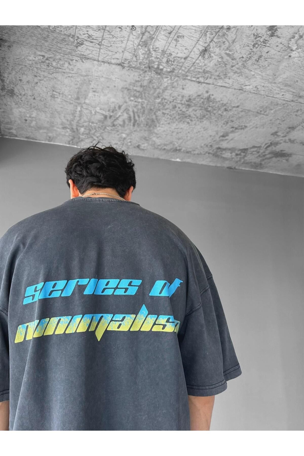 Erkek Oversize Yıkamalı 'series Of Minimalism' Baskılı T-shirt Antrasit