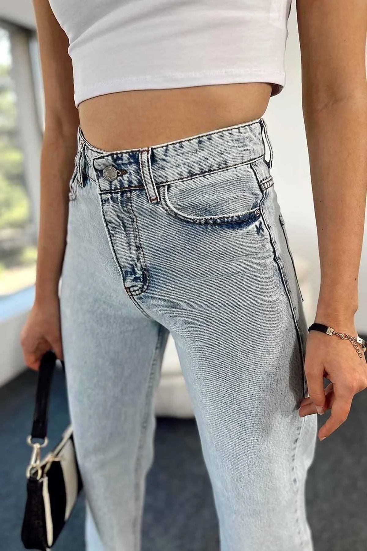 Lusia Açık Kar Likralı Wide Leg Yüksek Bel Salaş Jeans Palazzo Pantolon