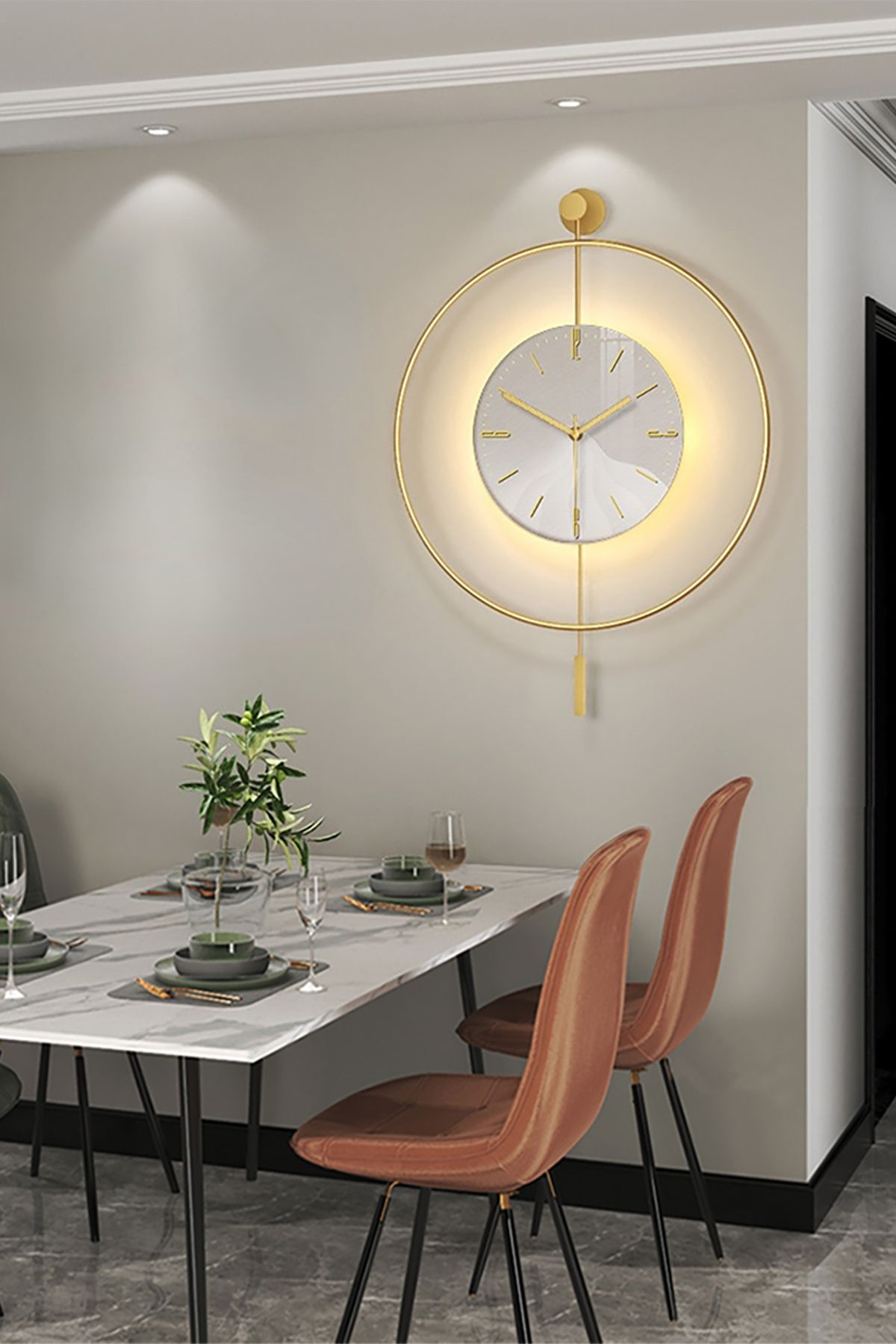 Gold Tiktok Kristal Cam Led'li Xl 60 X 80 Cm, Modern Dekoratif Sarkaçlı Metal Duvar Saati