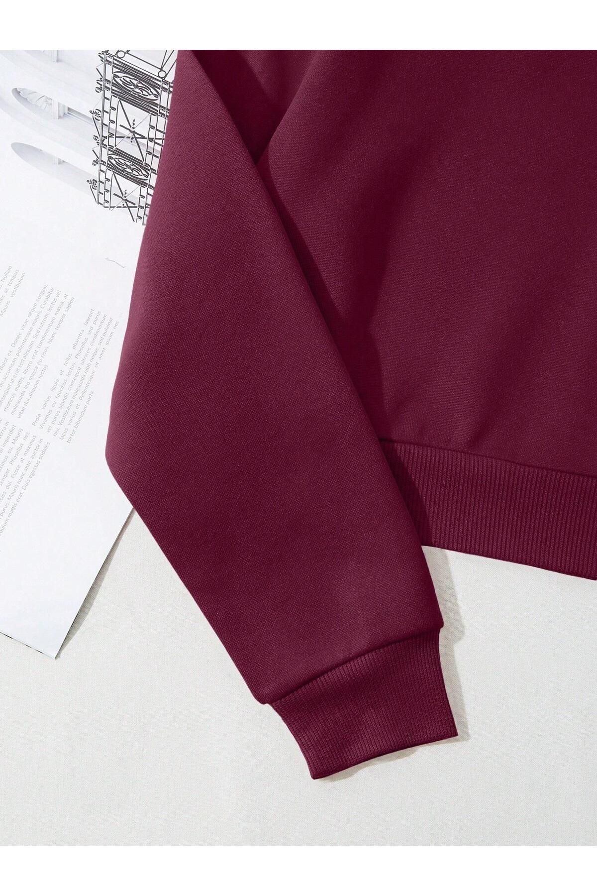 Kadın Basic Crop İçi Polarlı Oversize Sweatshirt - BORDO