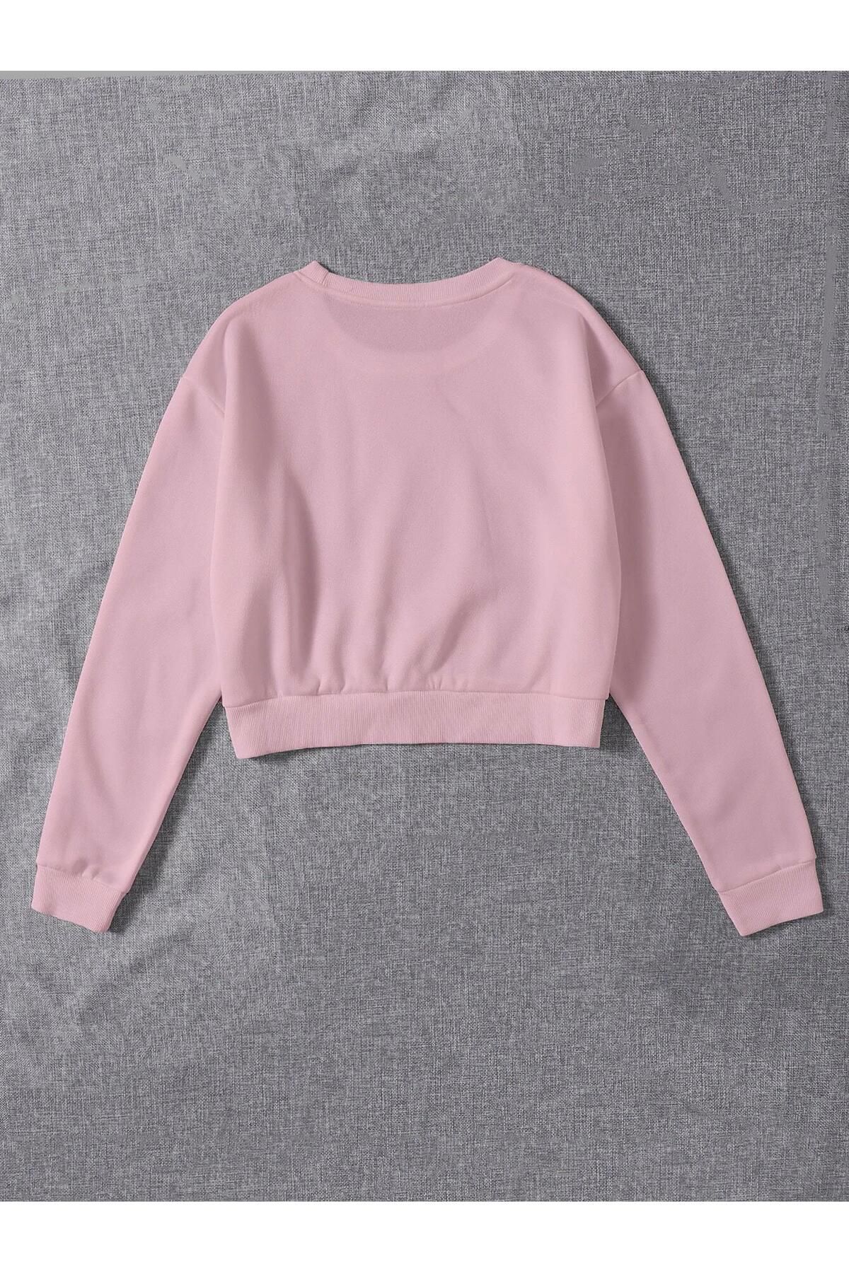 Kadın Basic Crop İçi Polarlı Oversize Sweatshirt - PEMBE