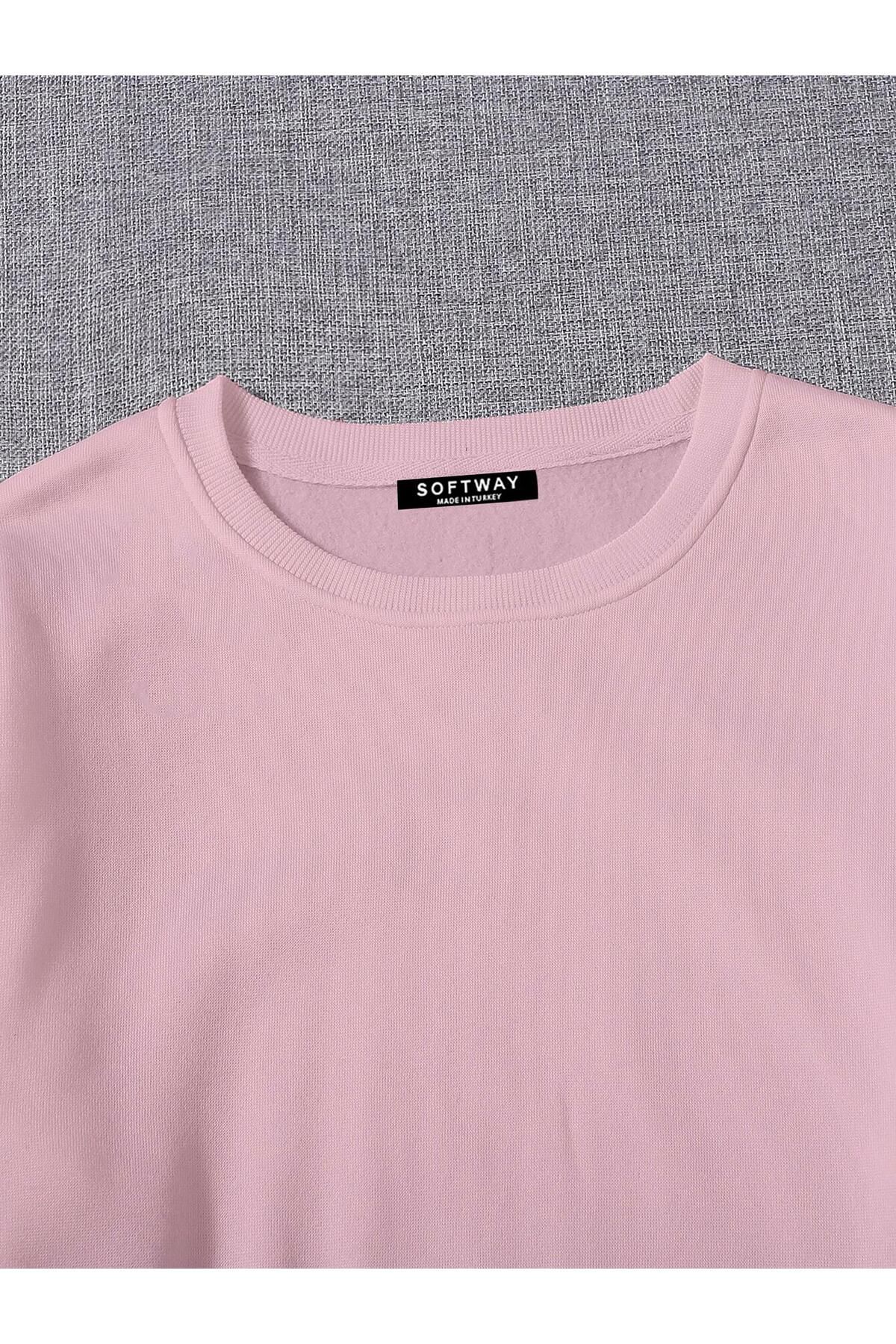 Kadın Basic Crop İçi Polarlı Oversize Sweatshirt - PEMBE