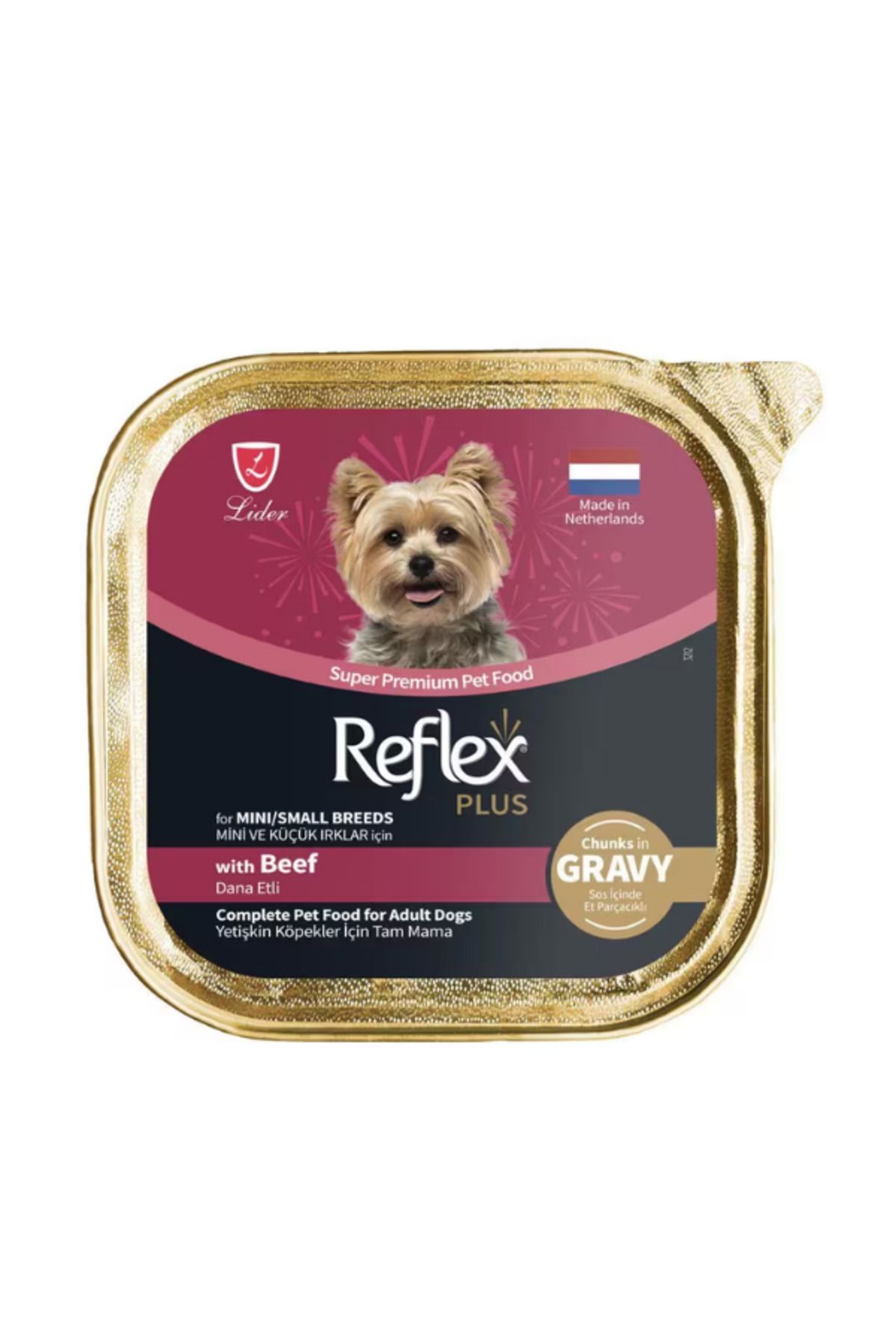 Plus Alu Tray 85 gr Biftekli Sos içinde Et Parçacıklı Küçük ırk köpek için Yaş mama