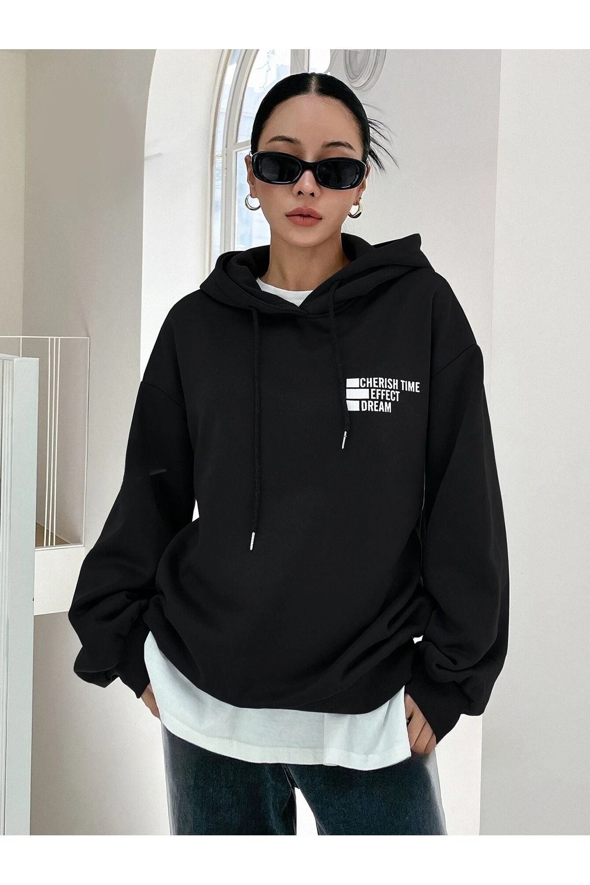 Kadın Siyah Cherıh Time Baskılı Oversıze Hoodie Sweatshirt