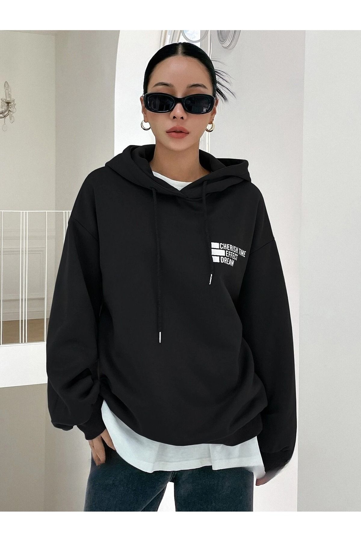 Kadın Siyah Cherıh Time Baskılı Oversıze Hoodie Sweatshirt