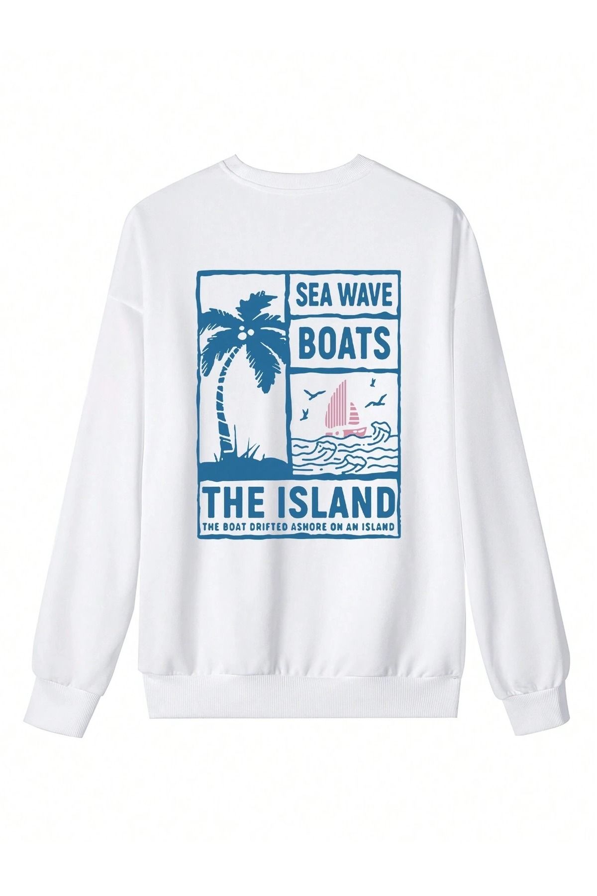 Kadın Beyaz SeaWave Boat Basklı Bisiklet Yaka Sweatshirt