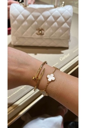 Beyaz Gold  Bileklik Çivi Kelepçe Bileklik Ikili Kombin (YONCA MODEL ÇELİK BİLEKLİK) Image 0