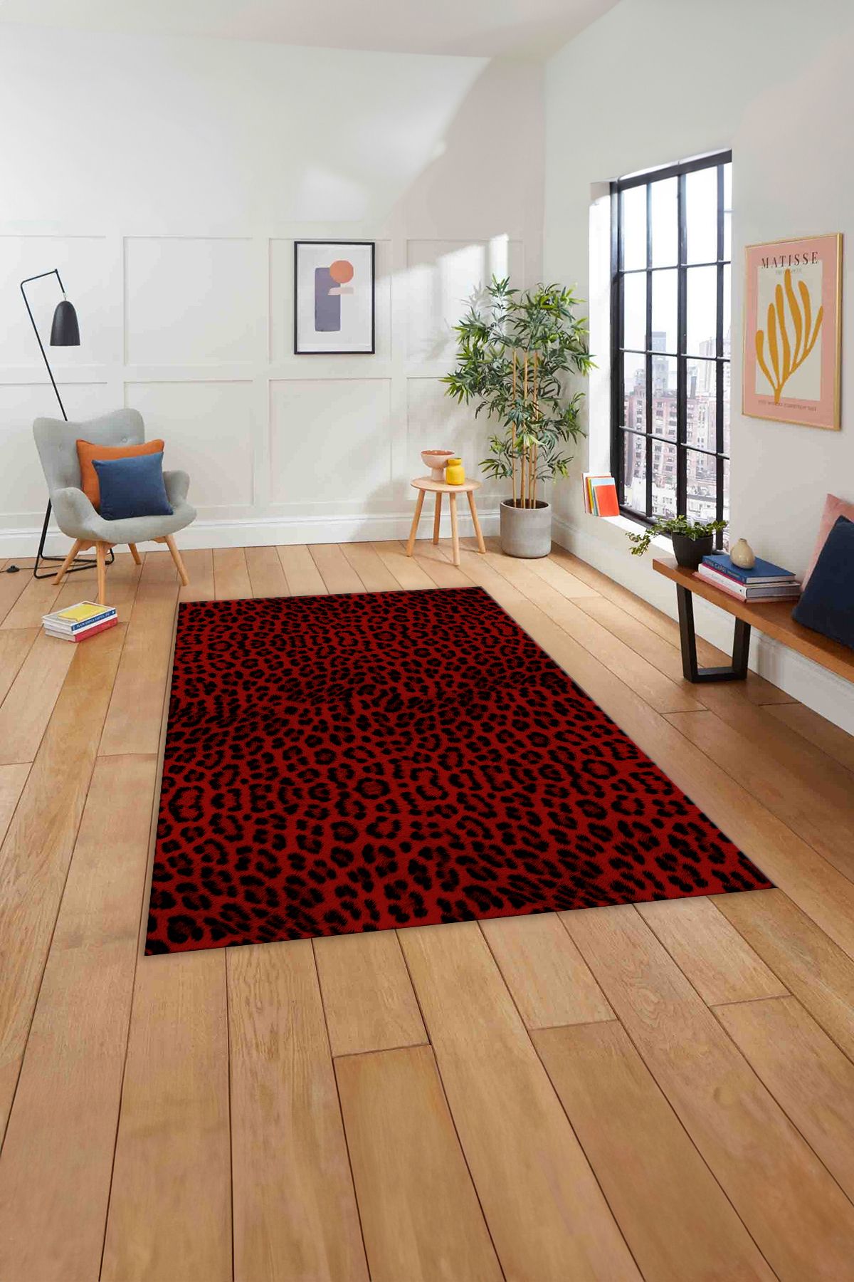 Baskılı Modern Leopar Model Yıkanabilir Kaymaz Yolluk Mutfak Salon Halısı, MODERN-148-BORDO,