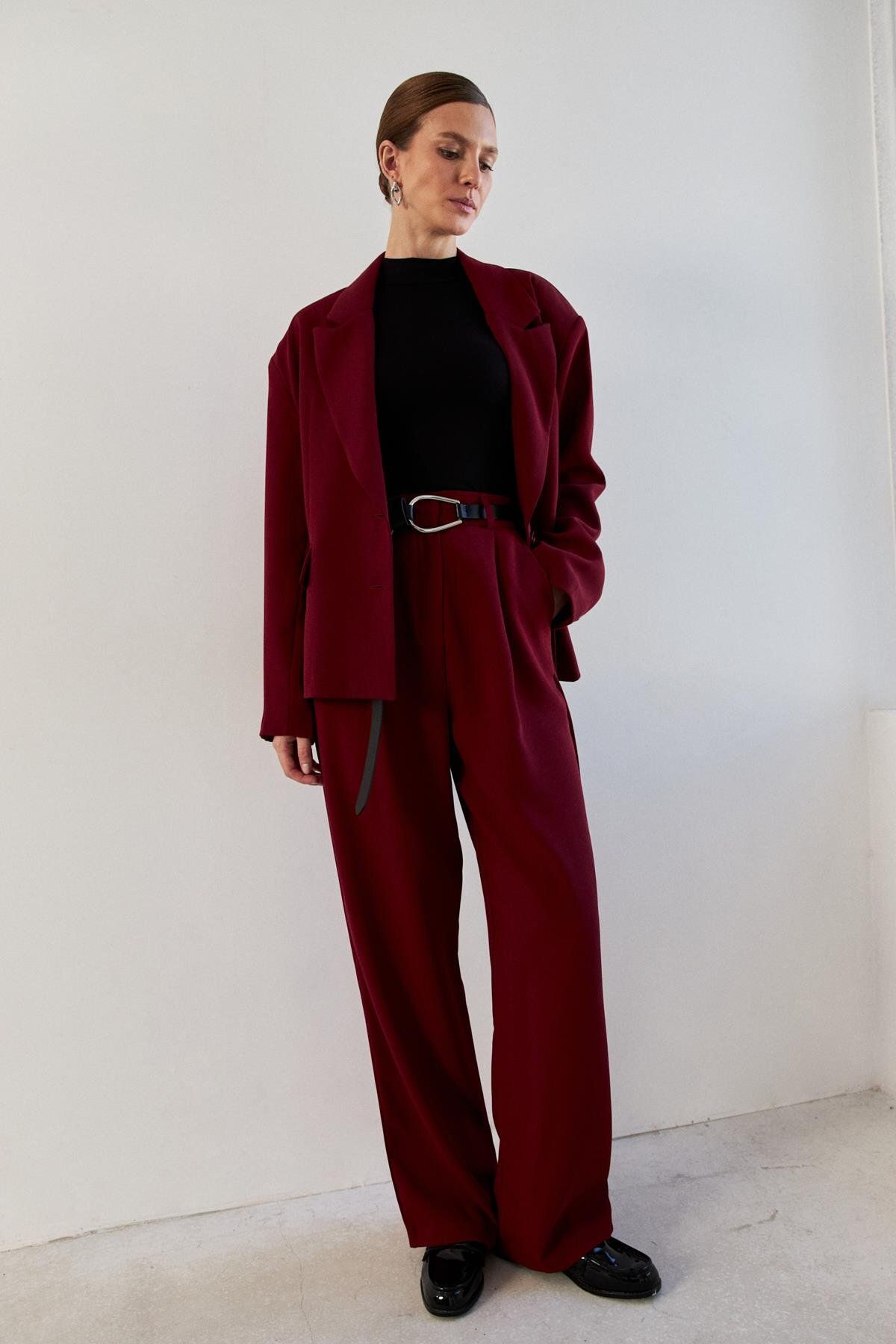 Oversize Vatkalı Bordo Kadın Blazer Ceket