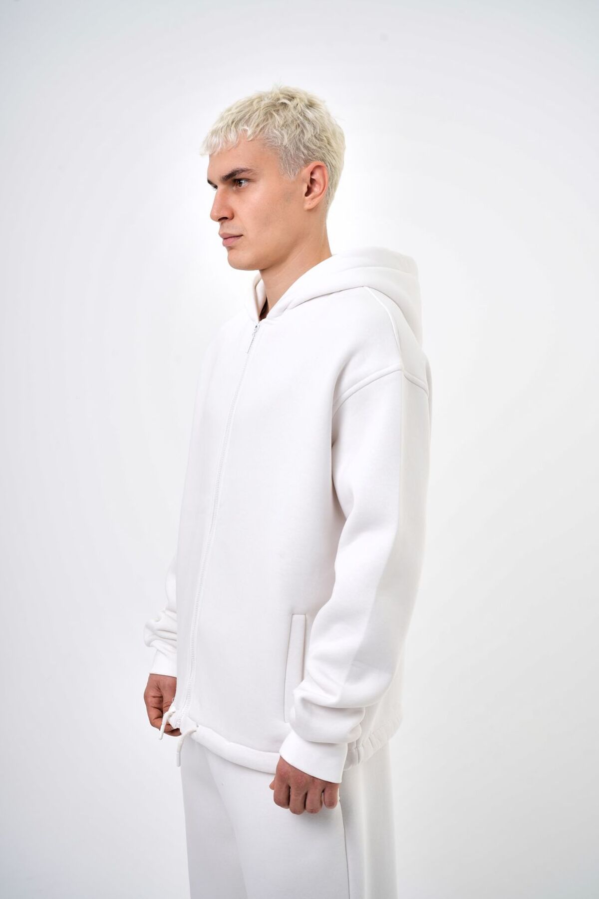 Kapüşonlu Basic Basic Zip Oversize Hoodie Ekru