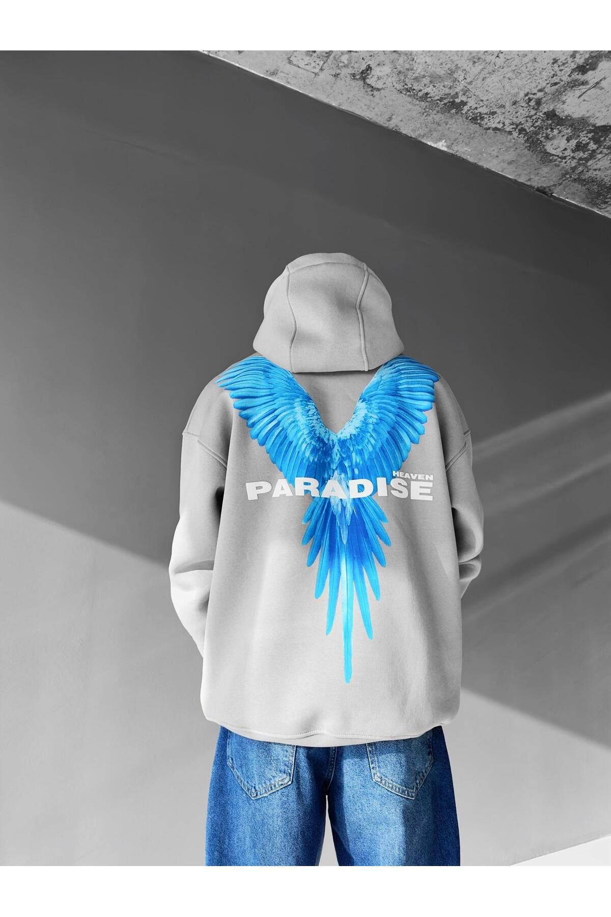 Erkek Oversize Paradise Baskılı Hoodie Gri