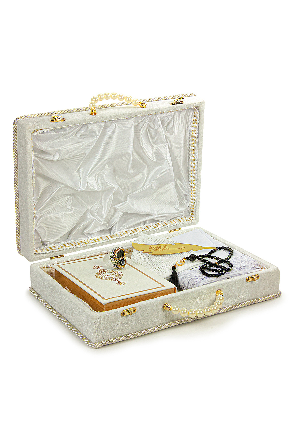 ست سجاده نماز جهیزیه با جعبه نگهداری مناسب برای عروس داماد بسته کادویی ست قرآن شال سفید