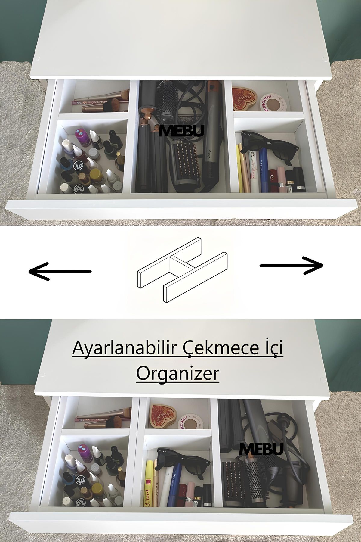 Asimetrik Aynalı Beyaz Makyaj Masası Dresuar, Ayarlanabilir  Çekmece Içi Organizer