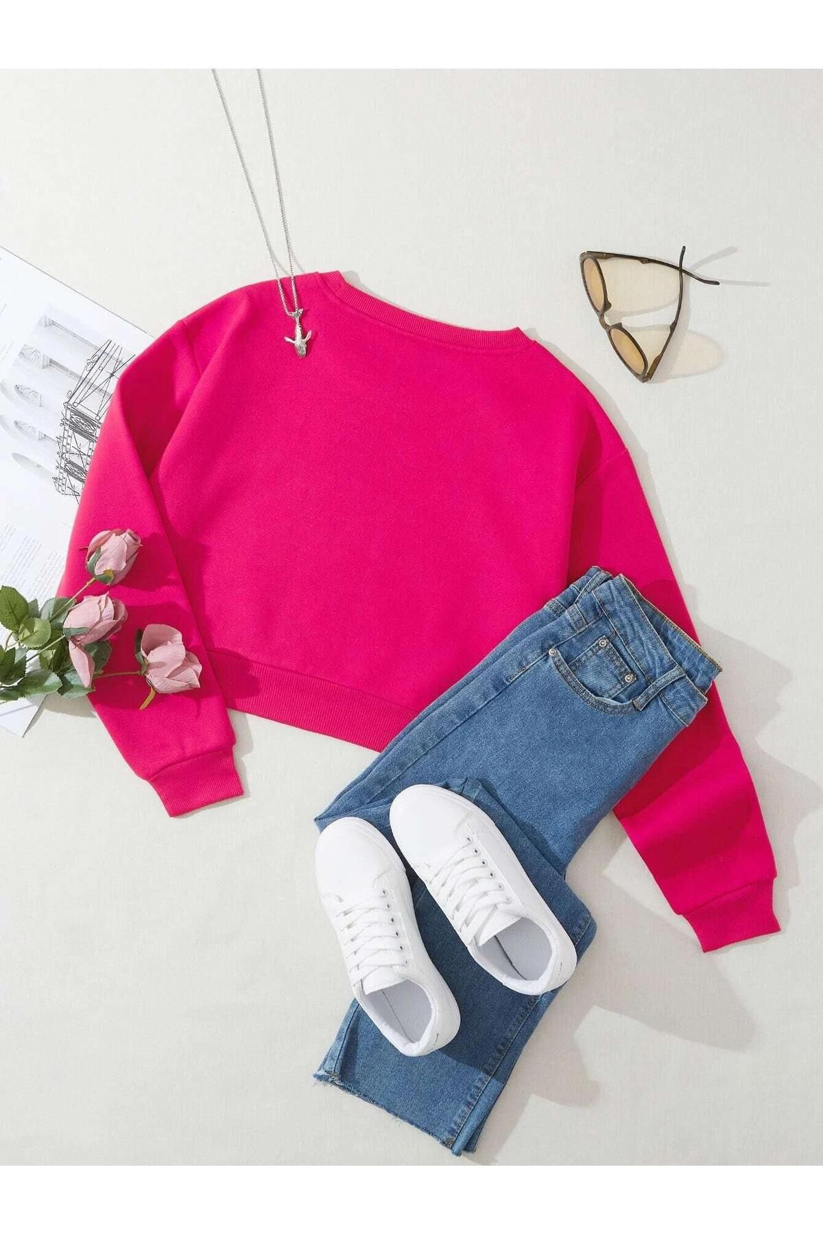 Kadın Basic Crop İçi Polarlı Oversize Sweatshirt - FUŞYA