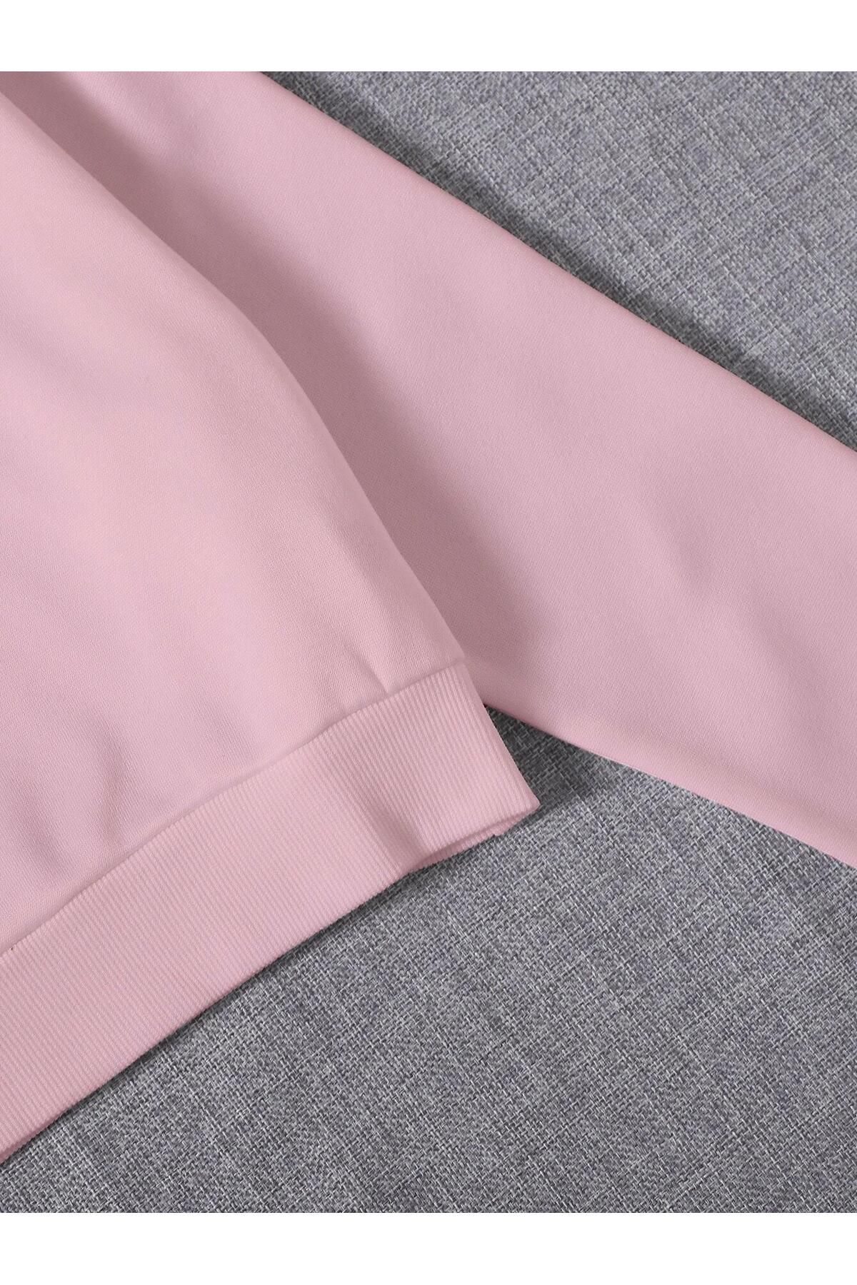 Kadın Basic Crop İçi Polarlı Oversize Sweatshirt - PEMBE