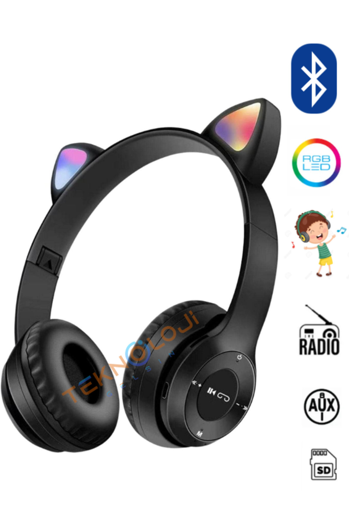 هدفون گربه دخترانه و پسرانه هدفون بچه گانه با نور گوش و میکروفون بی سیم آموزش زبان انگلیسی Klaklk