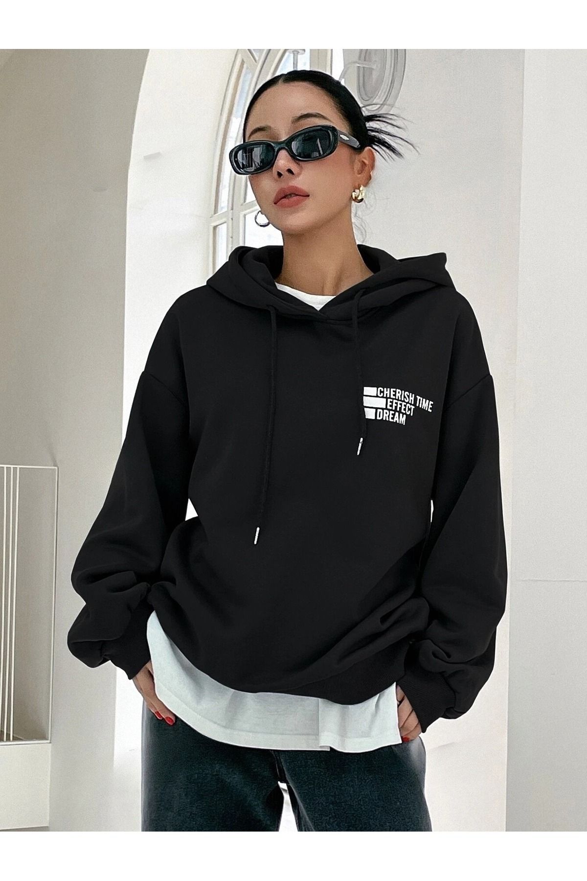 Kadın Siyah Cherıh Time Baskılı Oversıze Hoodie Sweatshirt