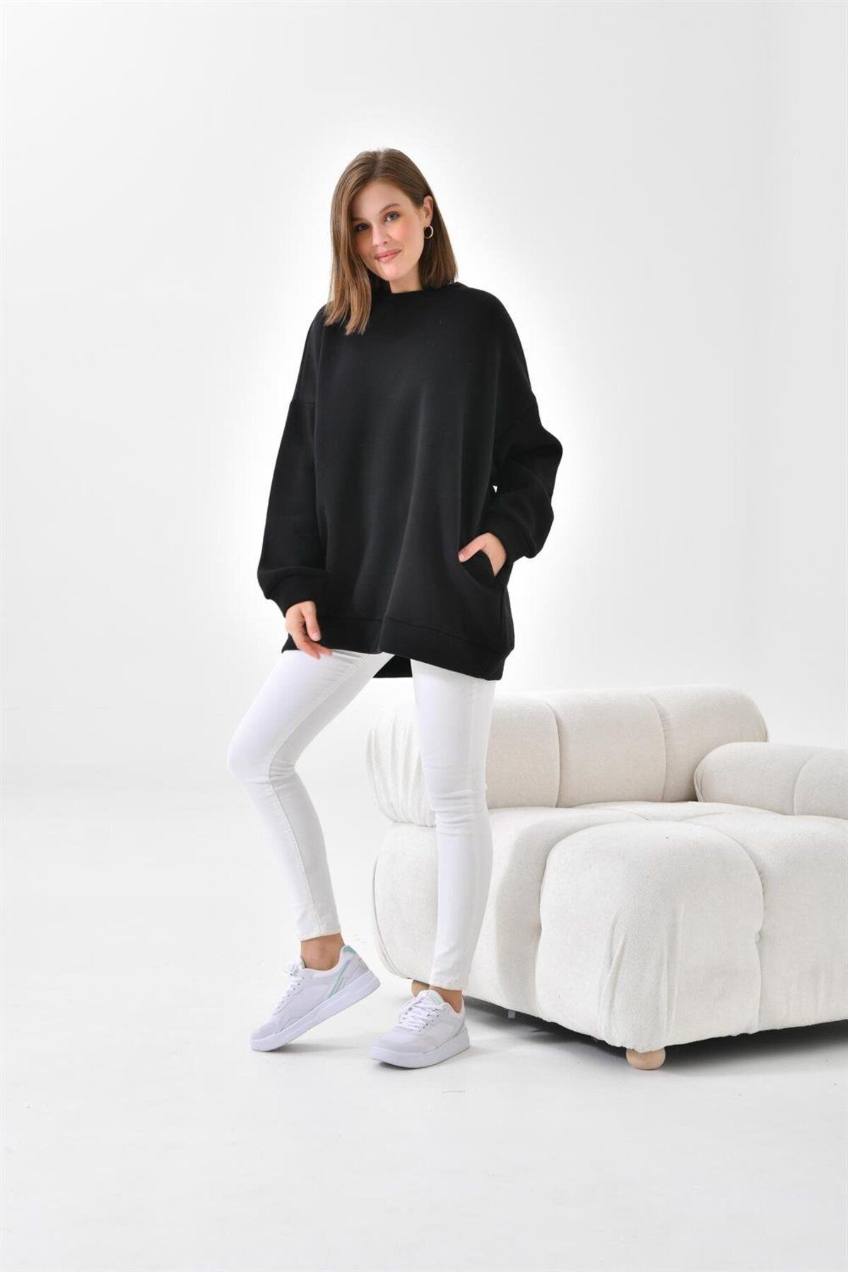 Kadın Oversize 3 Ip Şardonlu Sweatshirt Siyah 10001