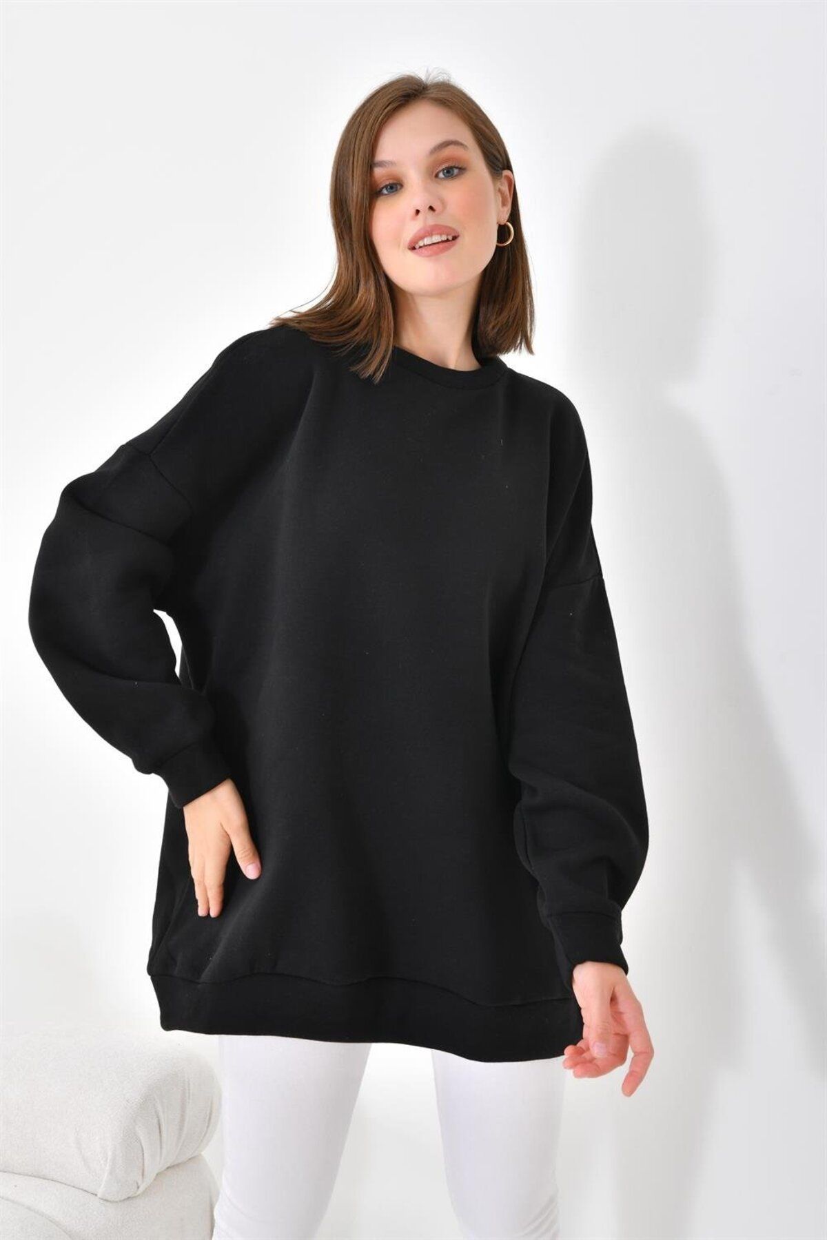 Kadın Oversize 3 Ip Şardonlu Sweatshirt Siyah 10001