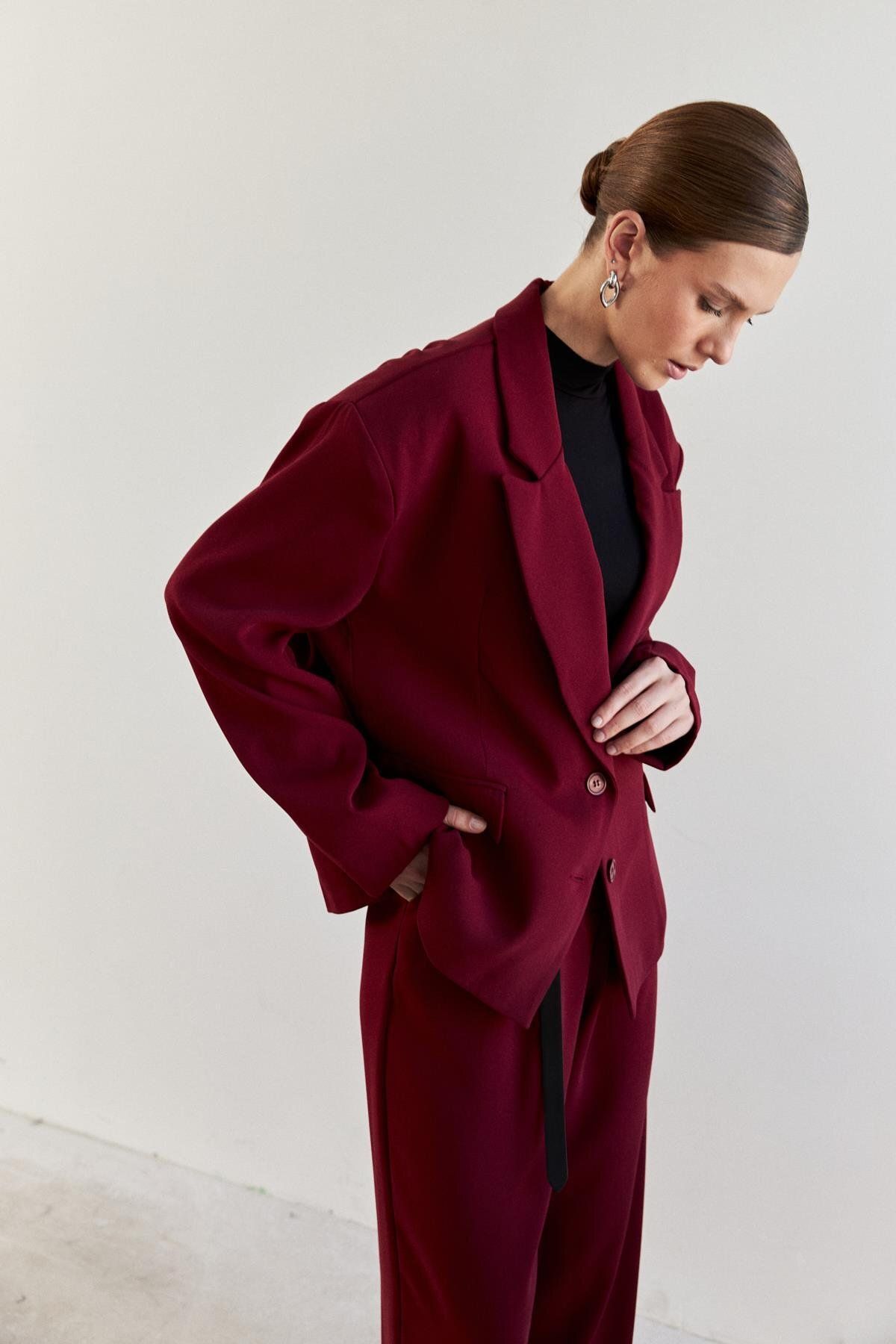 Oversize Vatkalı Bordo Kadın Blazer Ceket