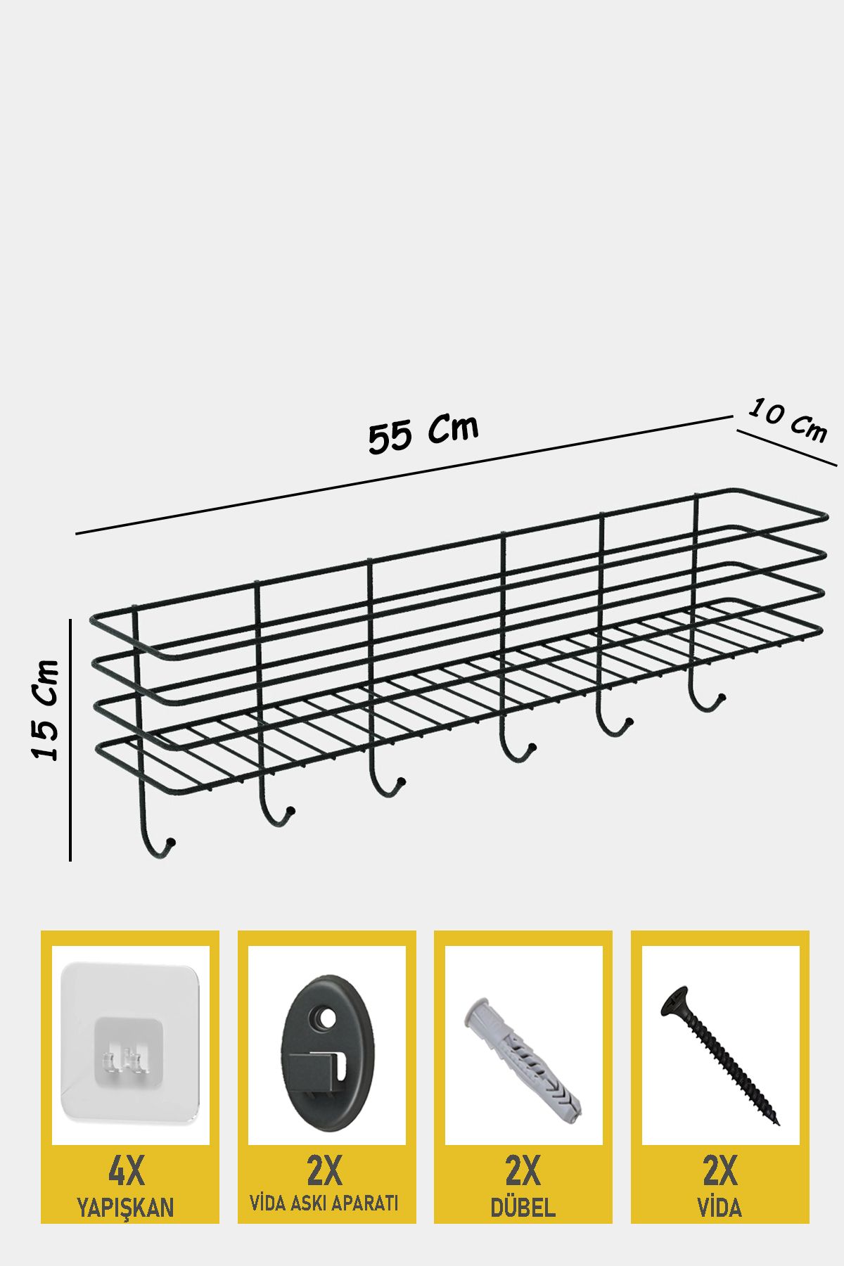 55 Cm Askılı Mutfak Rafı Tezgah Üstü Düzenleyici Baharatlık Organizer Vidalı Ve Yapışkanlı