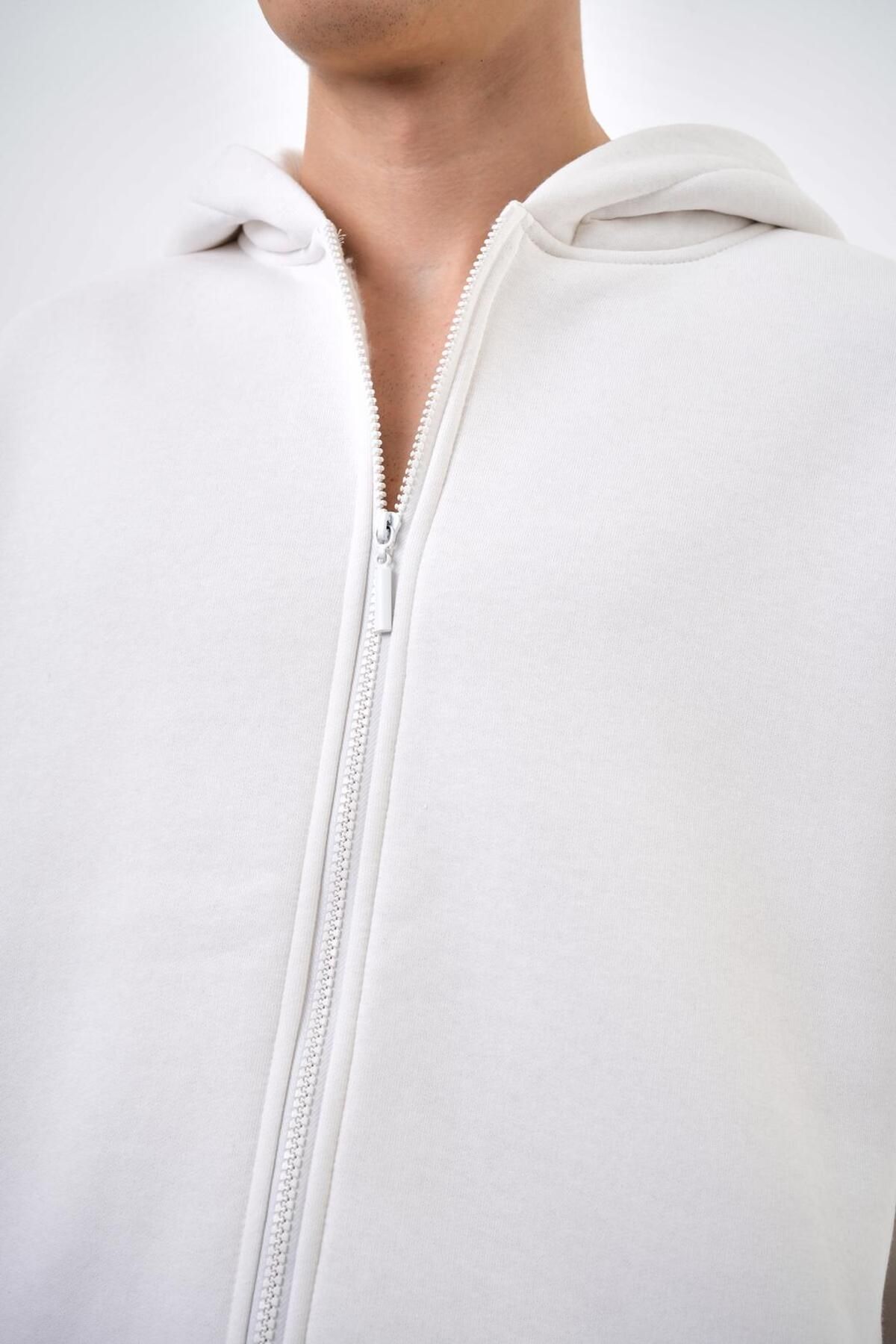 Kapüşonlu Basic Basic Zip Oversize Hoodie Ekru