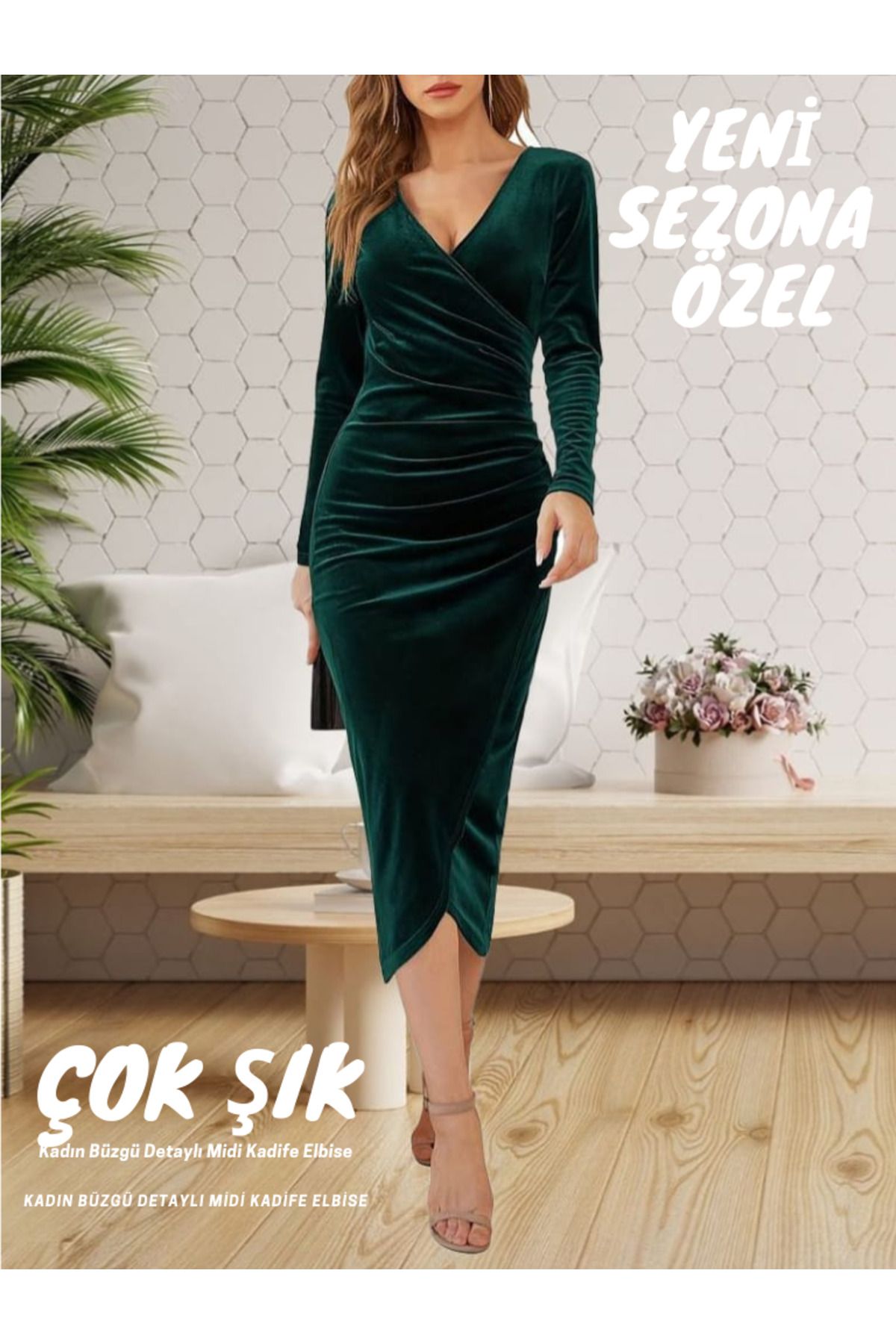 Kokosh moda Kadın BüzgüDetaylı Midi Kadife El...