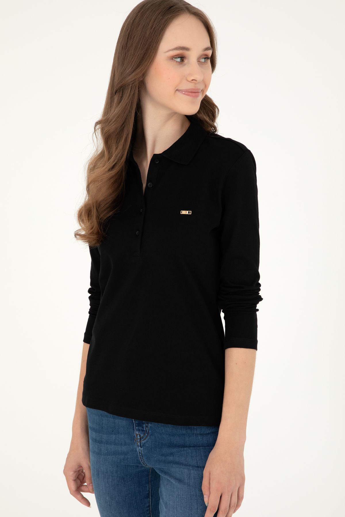 Kadın Siyah Basic Polo Yaka Sweatshirt 50296941-vr046