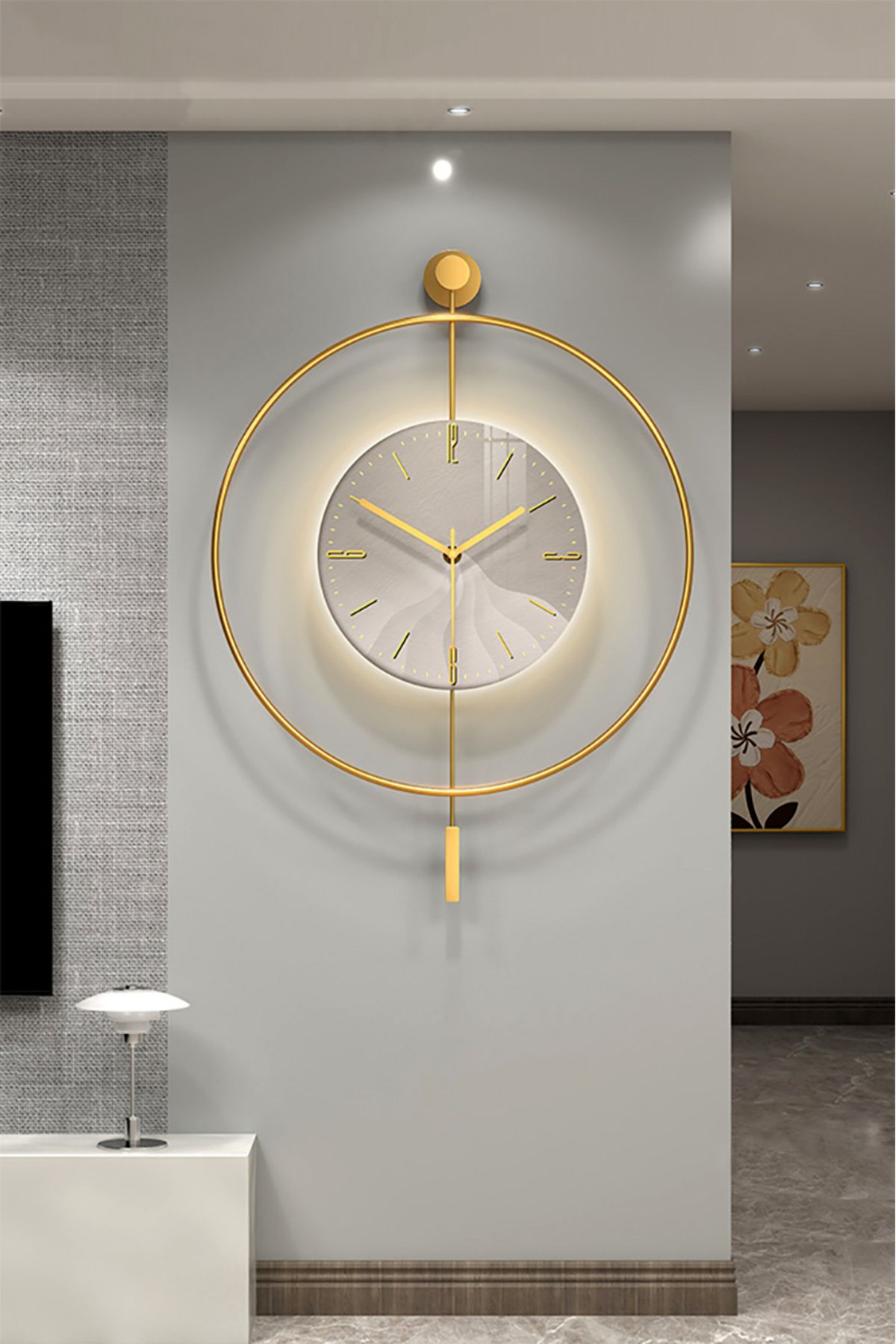 Gold Tiktok Kristal Cam Led'li Xl 60 X 80 Cm, Modern Dekoratif Sarkaçlı Metal Duvar Saati