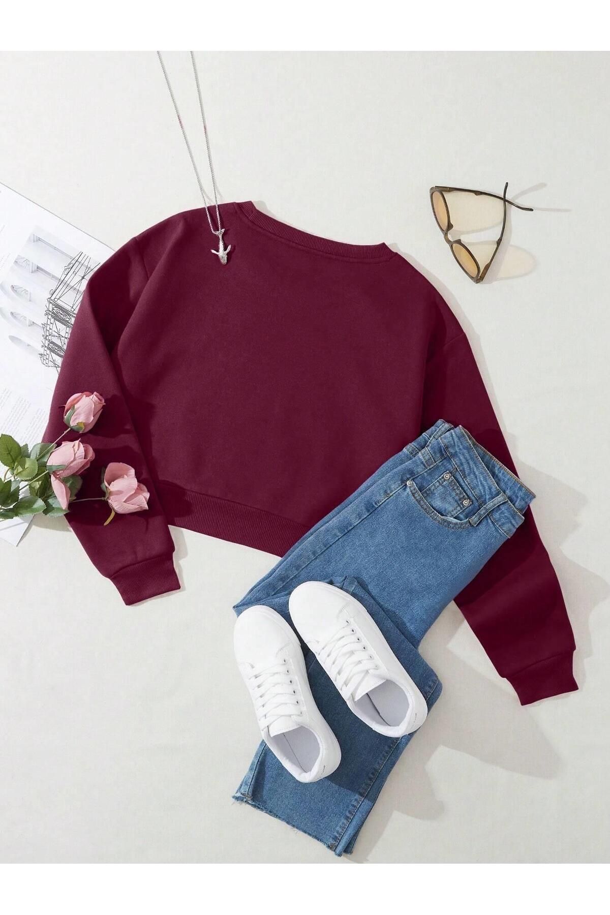 Kadın Basic Crop İçi Polarlı Oversize Sweatshirt - BORDO