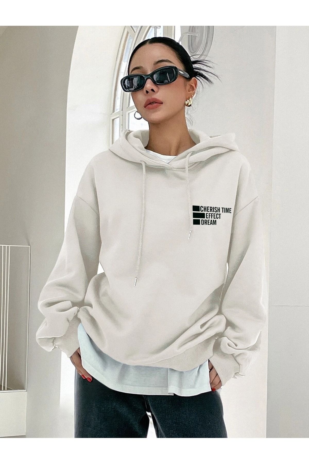 Kadın Beyaz Cherıh Time Baskılı Oversıze Hoodie Sweatshirt