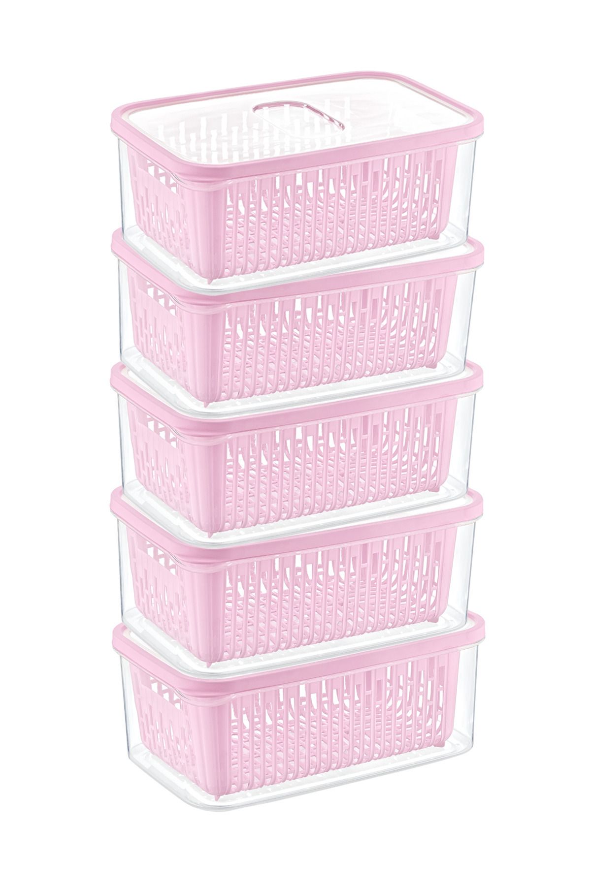 5'li Set Premium Süzgeçli Pembe Saklama Kabı, 3,5lt Hacim, 23x17x11 cm