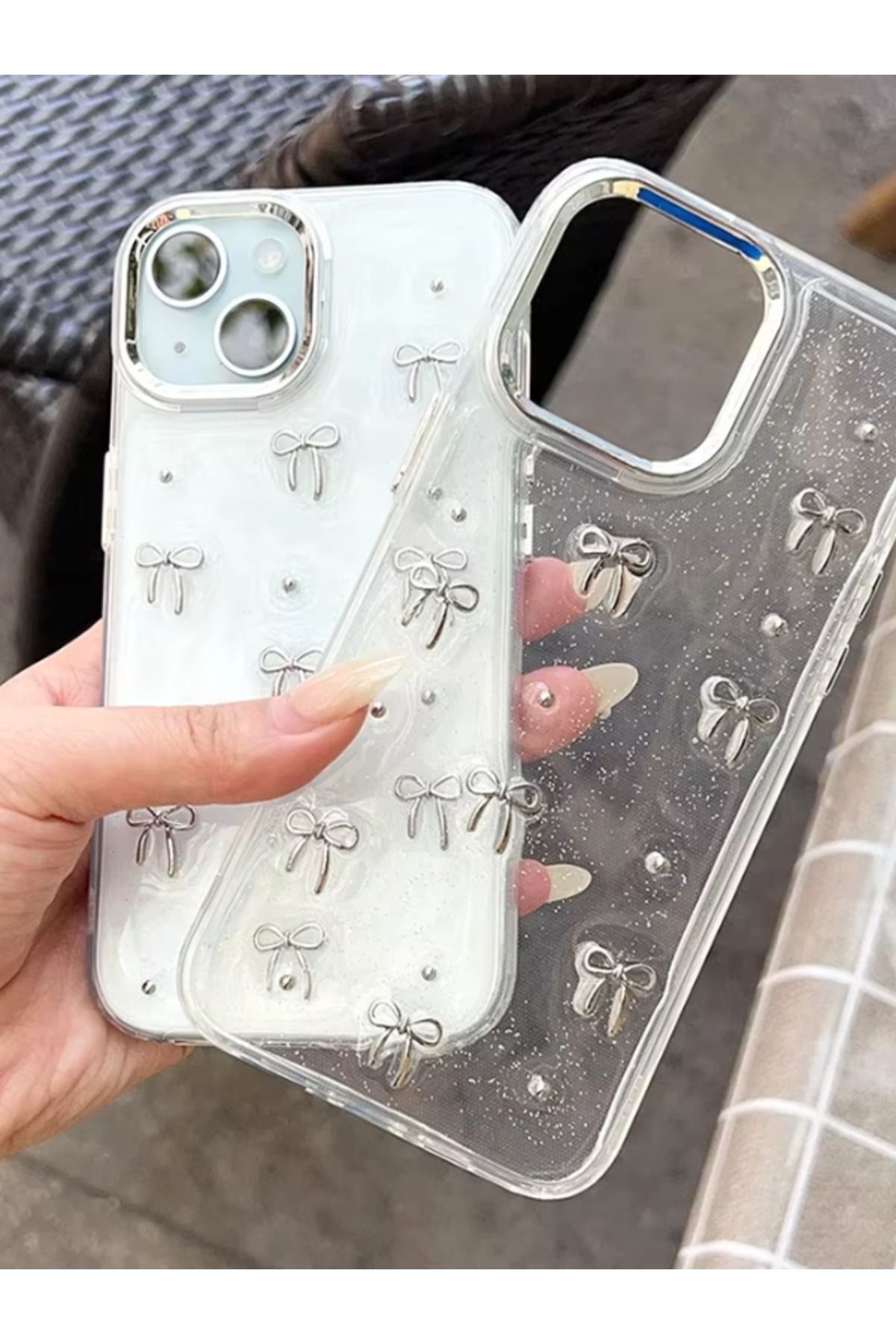 iPhone 15 Uyumlu Fiyonk Desenli Şeffaf Kılıf Simli Darbeye Karşı Dayanıklı Kapak