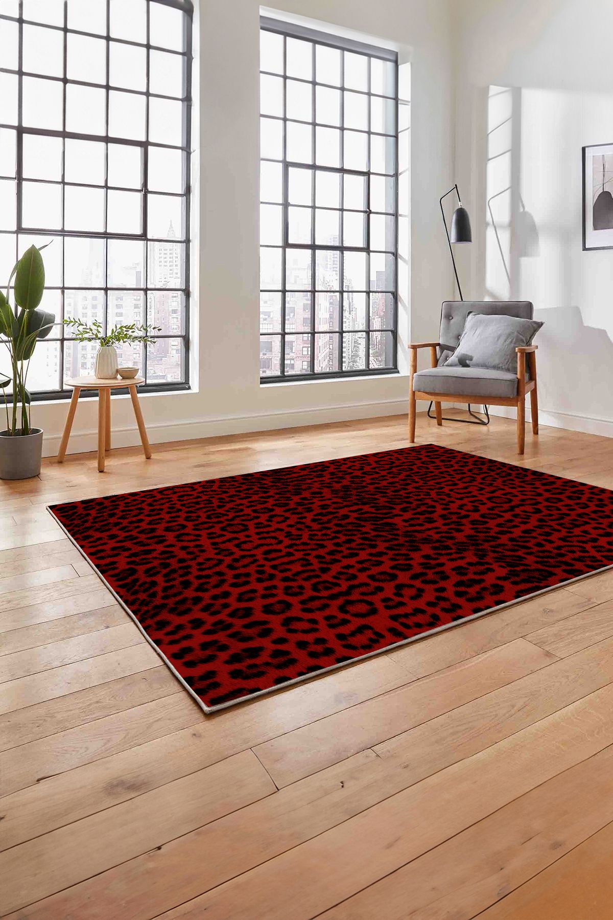 Baskılı Modern Leopar Model Yıkanabilir Kaymaz Yolluk Mutfak Salon Halısı, MODERN-148-BORDO,