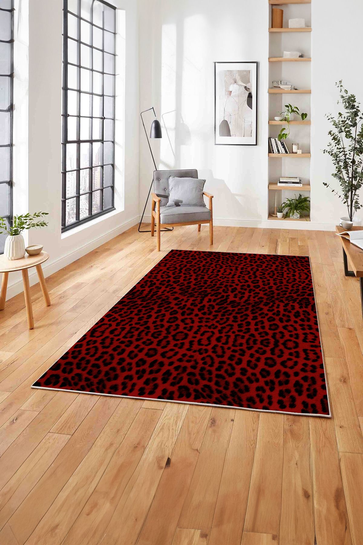 Baskılı Modern Leopar Model Yıkanabilir Kaymaz Yolluk Mutfak Salon Halısı, MODERN-148-BORDO,