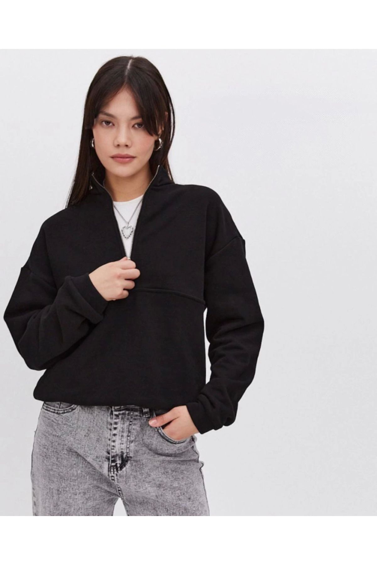 cananataç Oversize Yarım Farmuarlı Yakalı Basic SweatShirt - Siyah