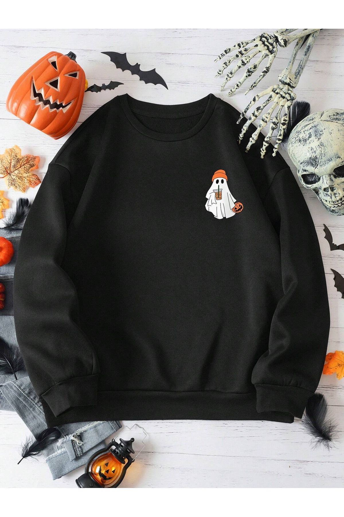 Halloween Hayalet Baskılı Siyah Oversize Sweatshirt