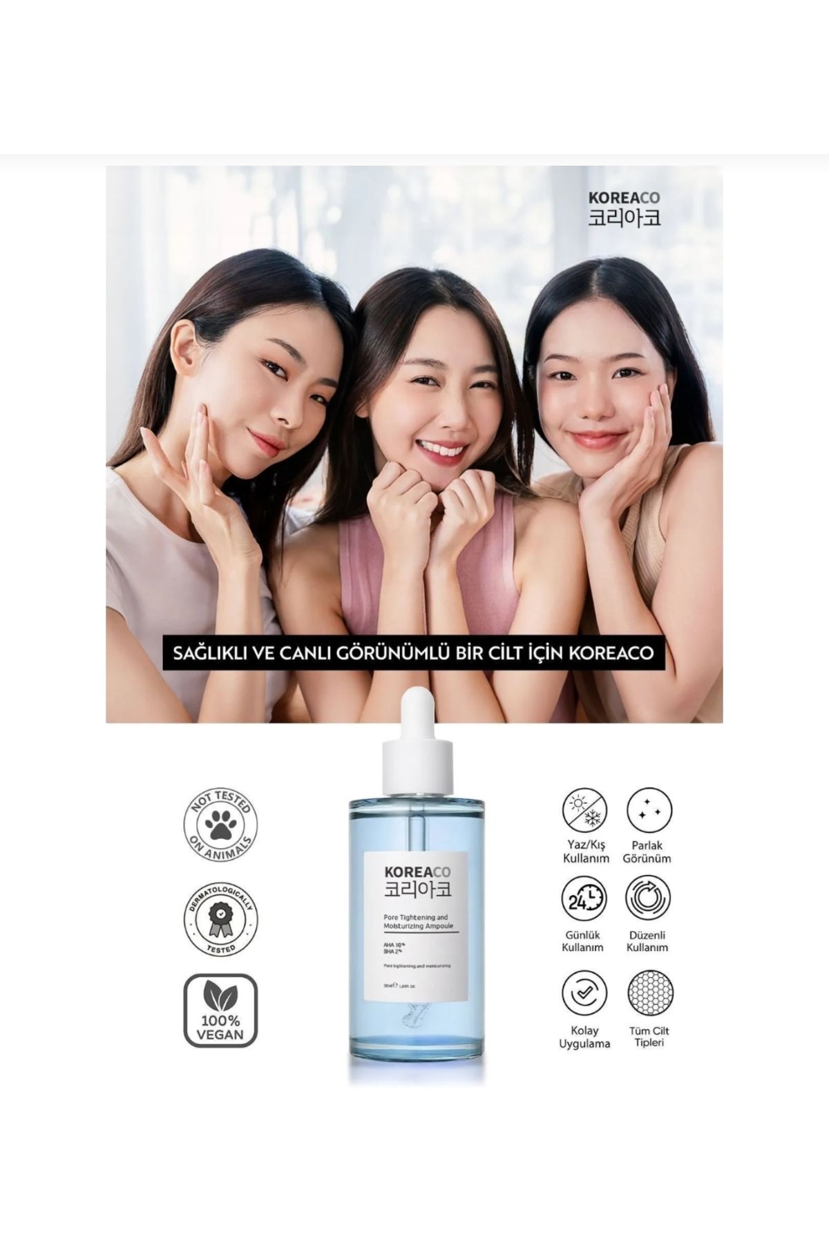 KoreaCo Aha & Bha Canlandırıcı & Gözenek Sıkılaştırıcı Ve Nemlendirici (AHA%10-BHA%2) Serum