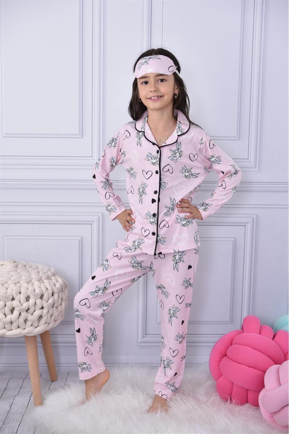 Kız Çocuk Tavşan Desenli Uzun Kollu Pijama Takımı + Göz Bant Dahil