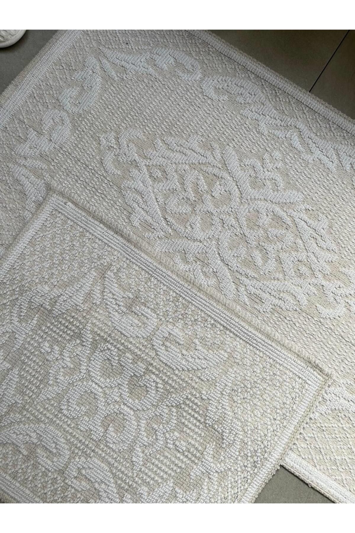 Raya Damask  Doğal Pamuklu 2'li Banyo Paspas Seti 60x100+50x60 Cm - Beyaz