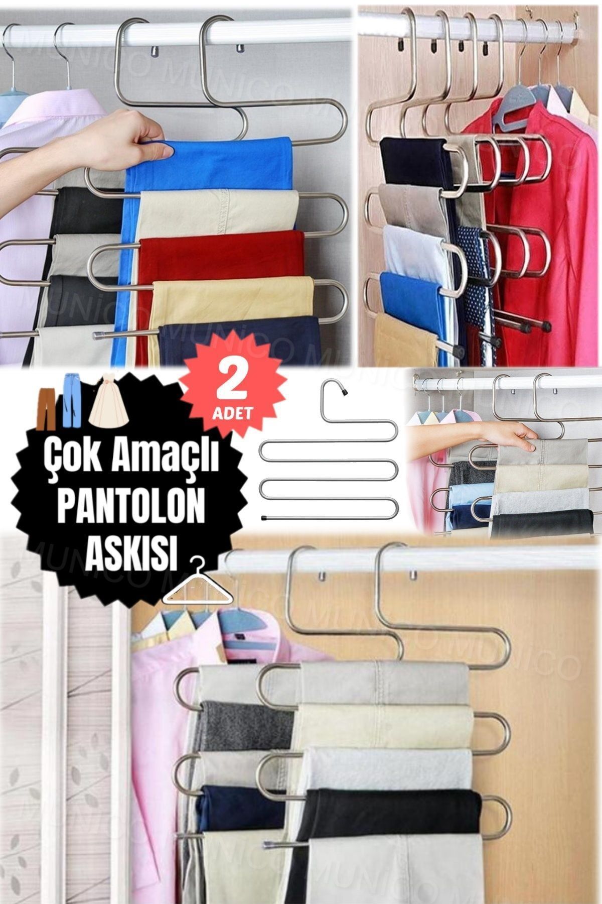 2 Adet Pratik Pantolon Organizatörü Pantolon Rafı ve Organizatörü Metal Pantolon Askısı Pantolon