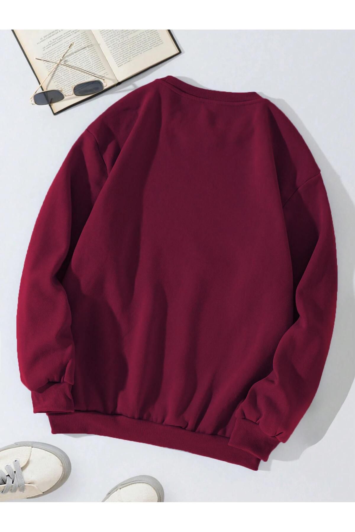 Unisex Oversize Bisiklet Yaka Basic Are You Ok Honey Baskılı Sweatshirt - Bordo