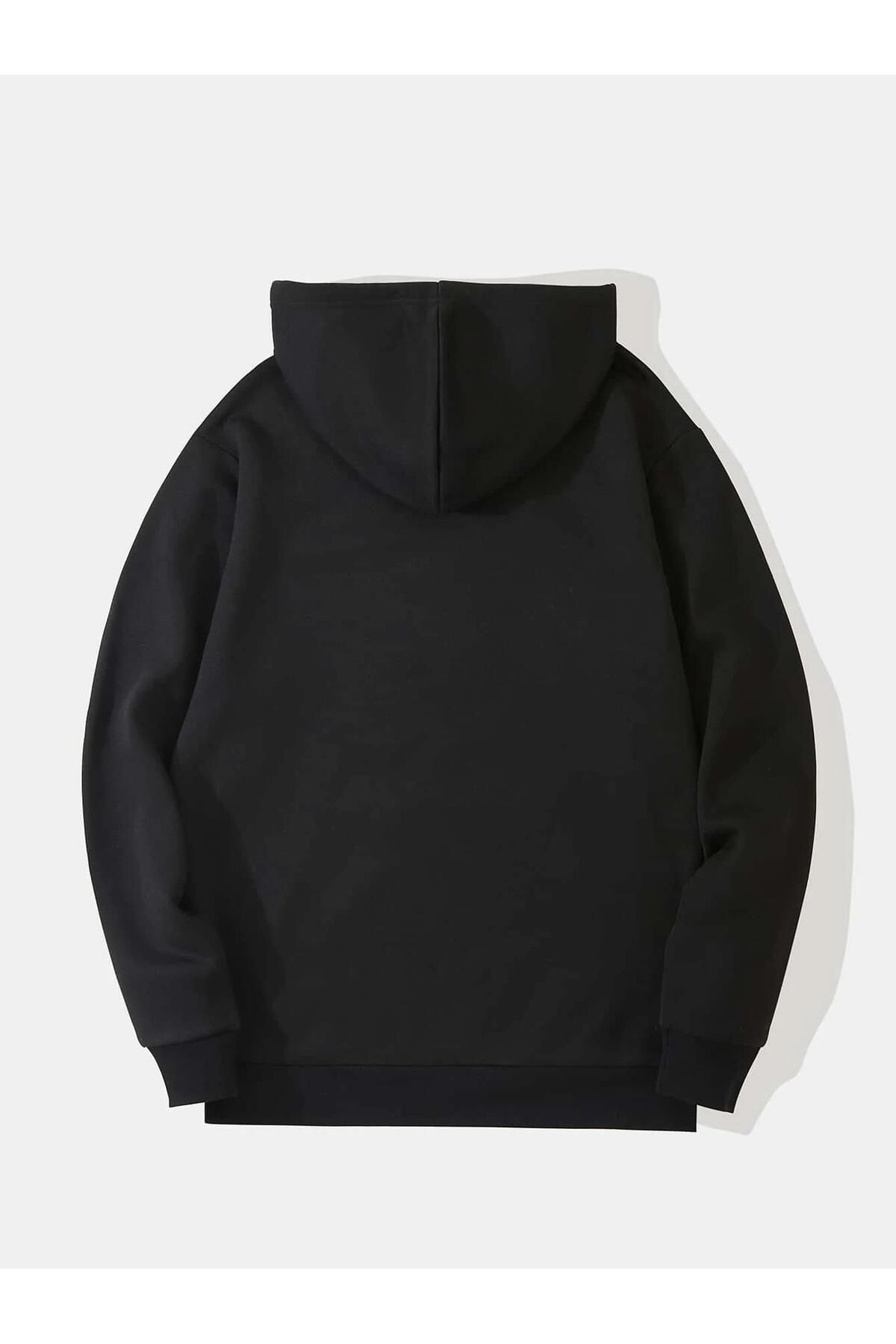 Unisex Basic Düz Renk Kapüşonlu İçi Yumuşak Polarlı Oversize Sweatshirt - SİYAH