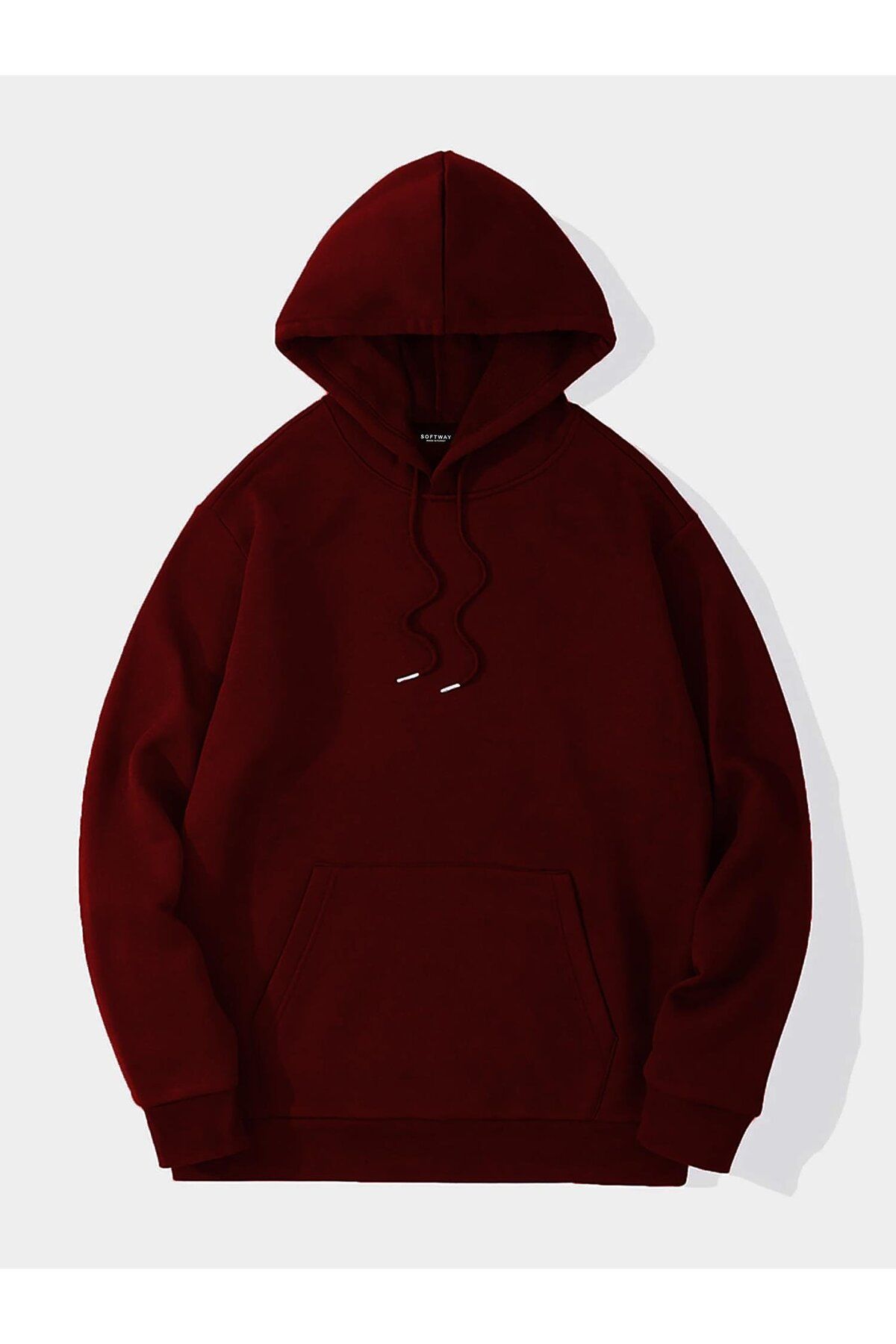 Unisex Basic Düz Renk Kapüşonlu İçi Yumuşak Polarlı Oversize Sweatshirt - BORDO