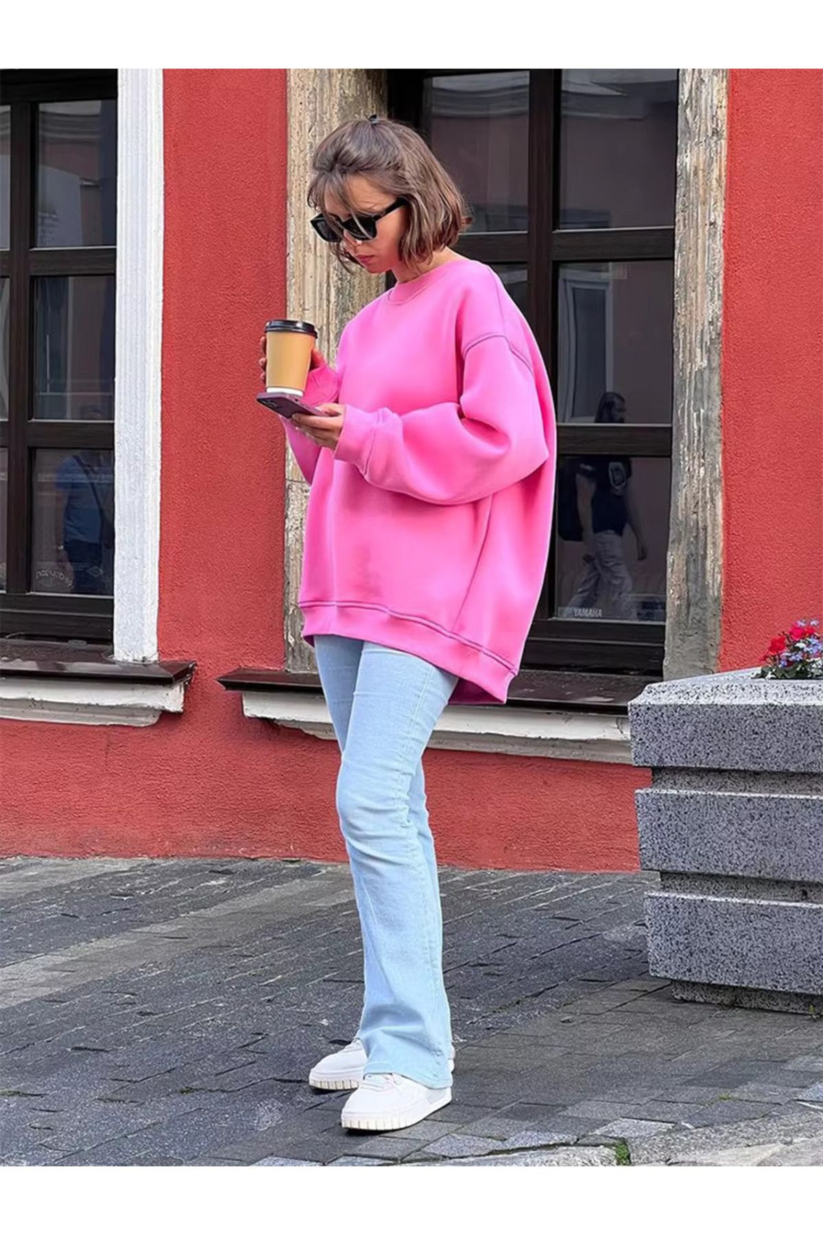 Kadın Bisiklet Yaka İçi Şardonlu, Kışlık Yumuşak Bol Sweatshirt PEMBE