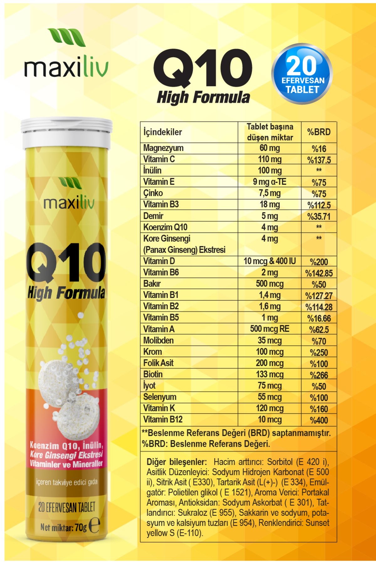 Q10 High Formula Koenzim Q10 - Inülin - Kore Ginsengi - Vitaminler ve Mineraller İçeren Efervesan