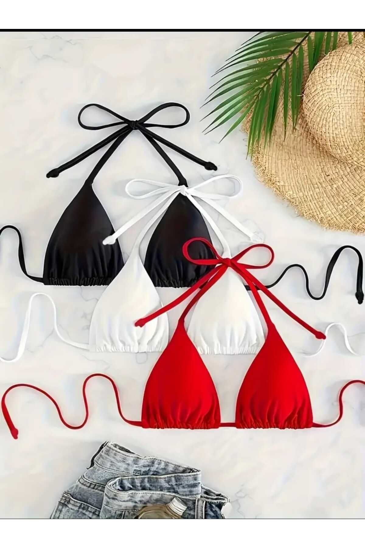 nuriçgiyim 3lü kırmızı beyazsiyah bikini üstü...