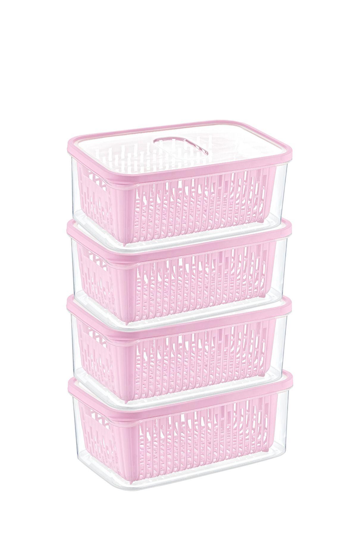 4'lü Set Premium Süzgeçli Pembe Saklama Kabı, 3,5lt Hacim, 23x17x11 cm