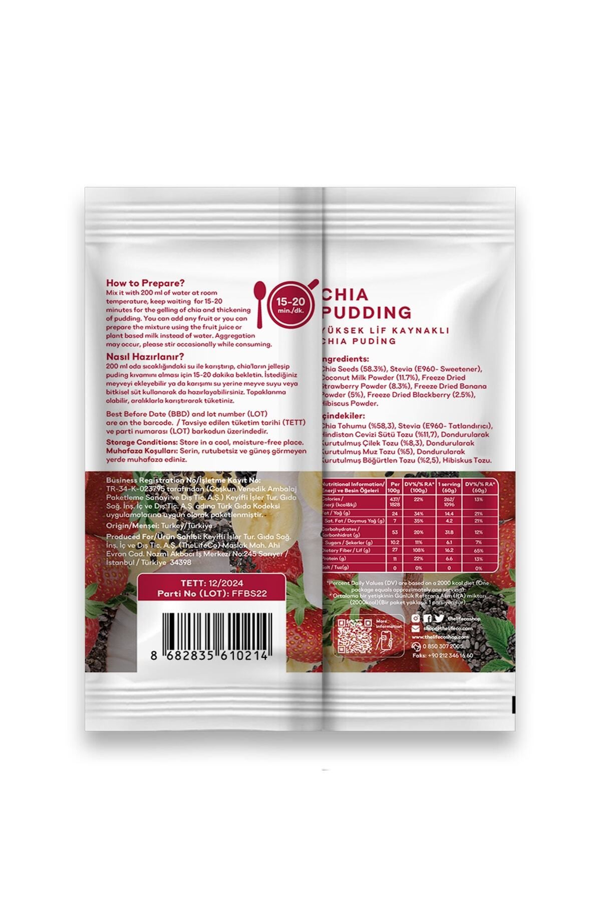 Chia Pudding (YÜKSEK LİF KAYNAKLI PUDİNG KARIŞIMI) 57 G (DÜŞÜK KALORİLİ, VEGAN, GLUTENSİZ)