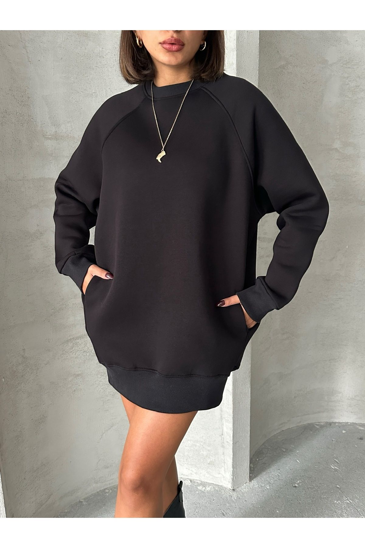 SWT-14271 Siyah Cepli Oversize Üç İplik Kapüşonlu Basic Sweatshirt